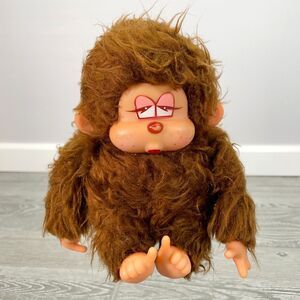 Vintage 1979 Russ Berrie 6in Poki Monkey Doll Plastic Head Hands Feet - FLAWS